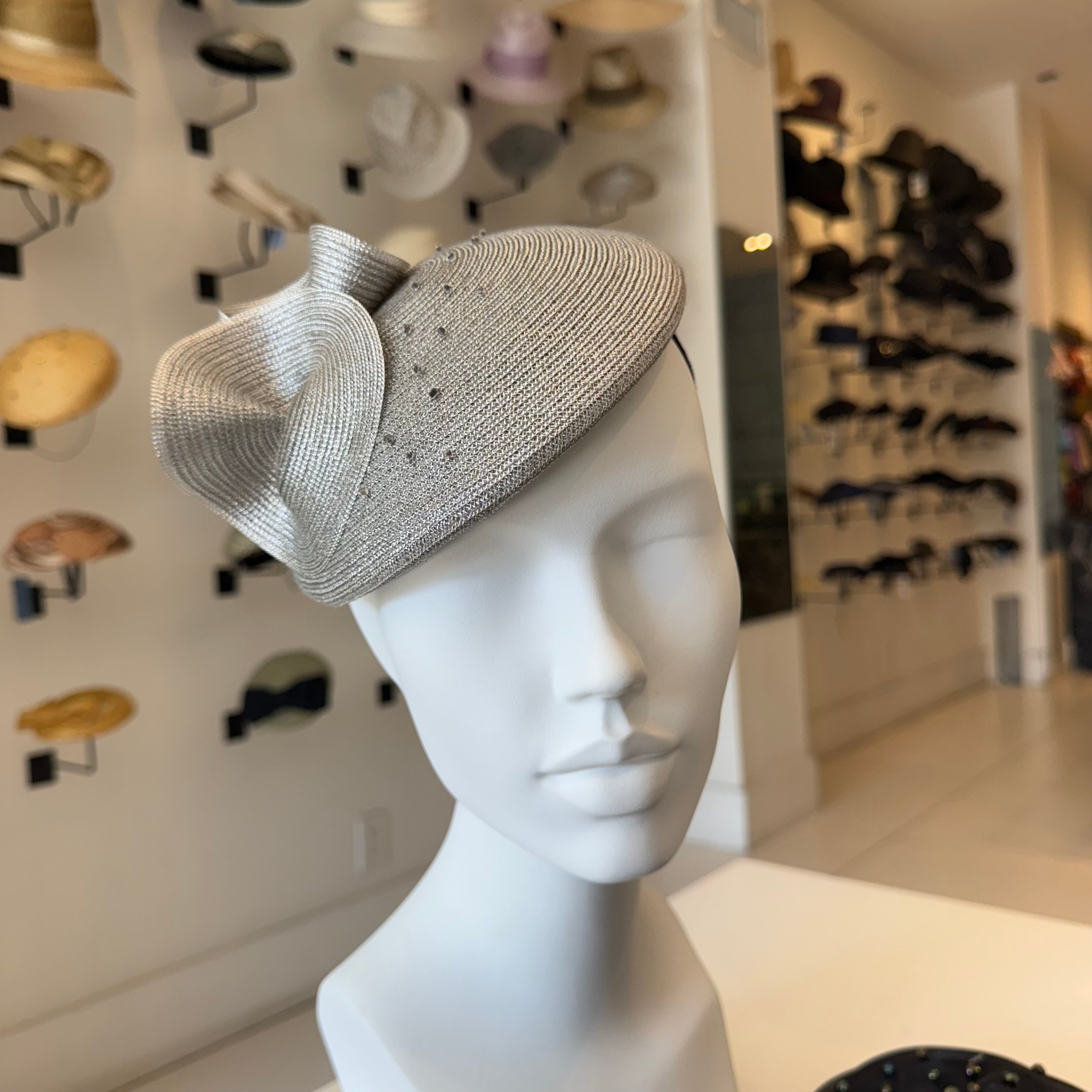 Metallic Silver Horsehair Fascinator with Disc & Stone Trim
