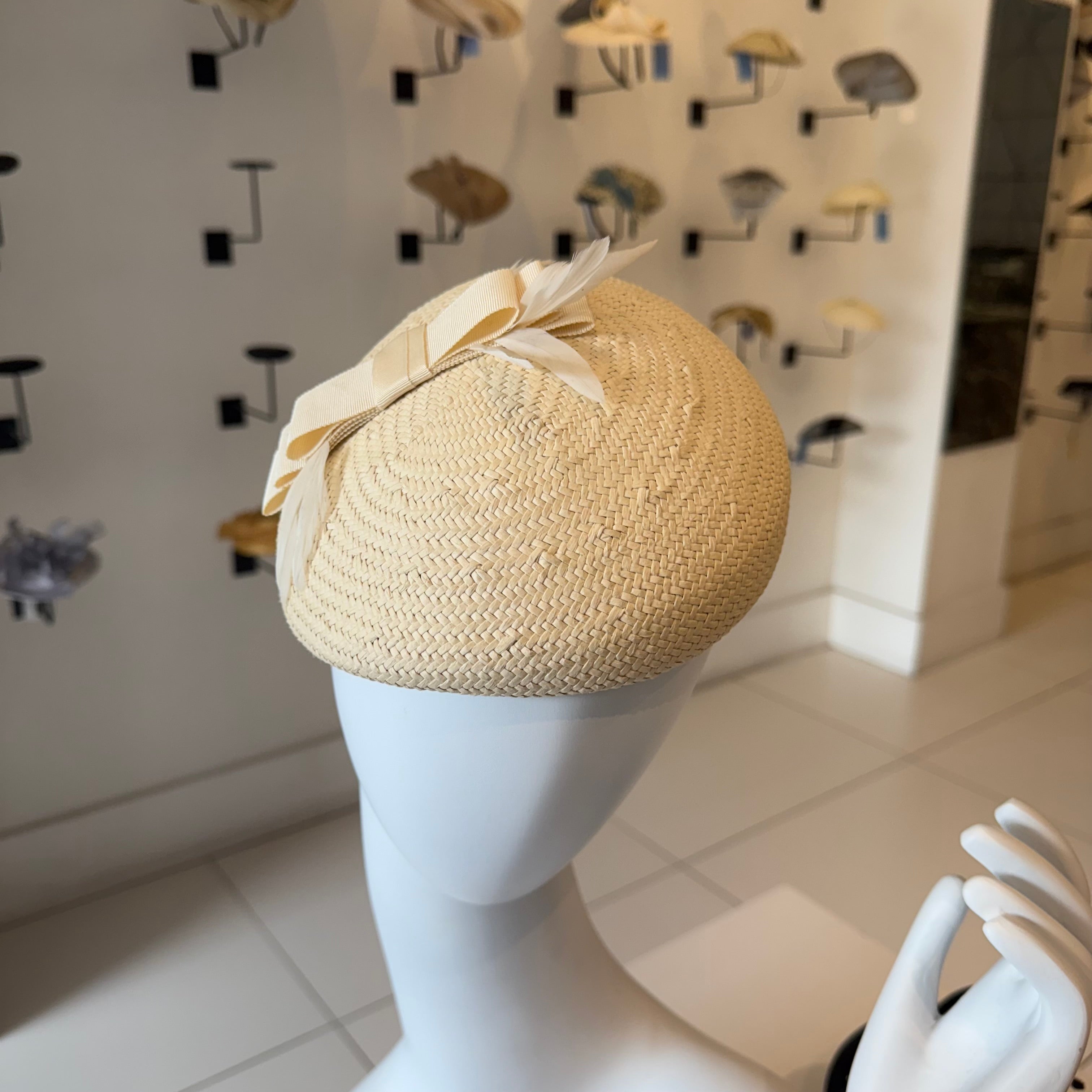 Panama fascinator with Beige Grosgrain Trim