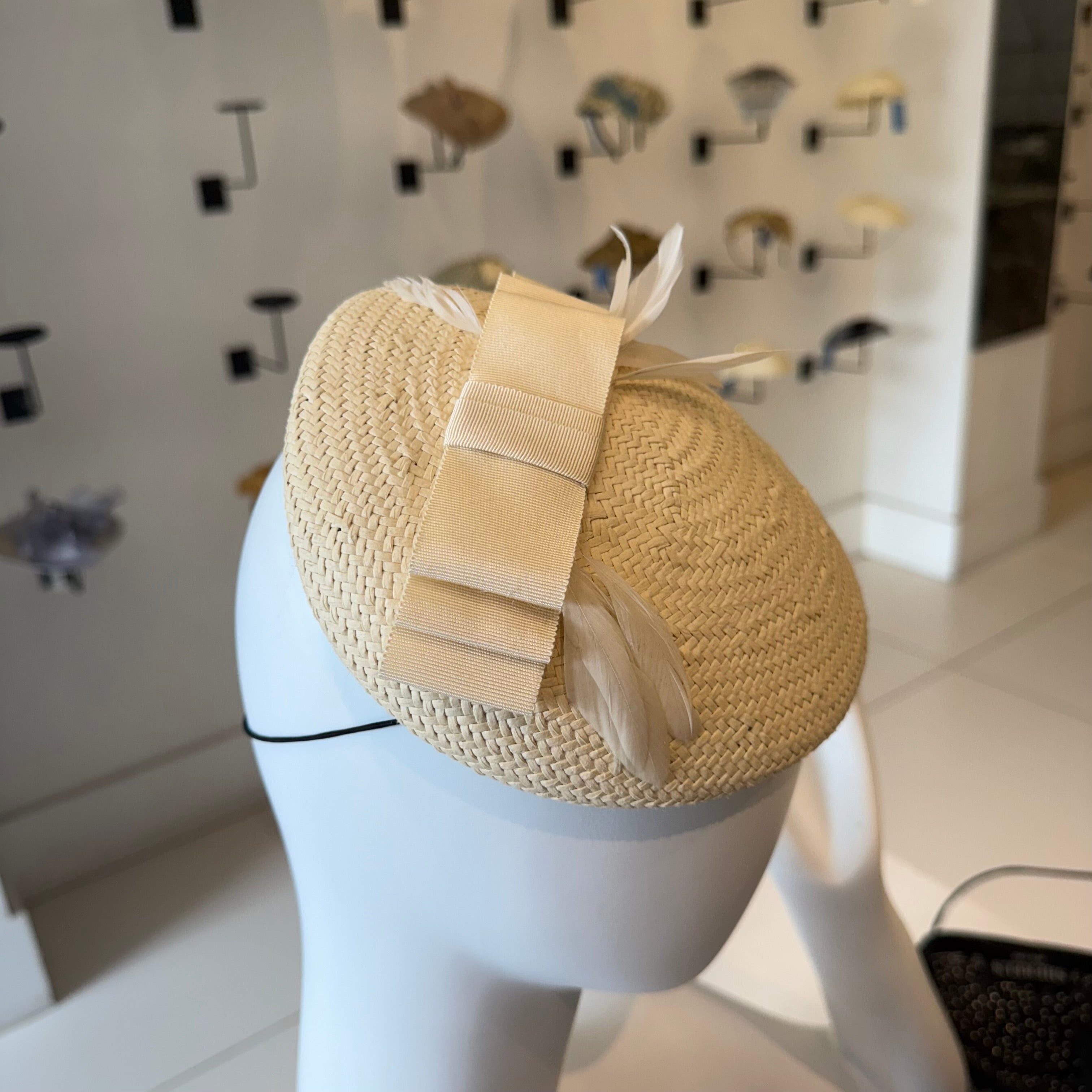 Panama fascinator with Beige Grosgrain Trim