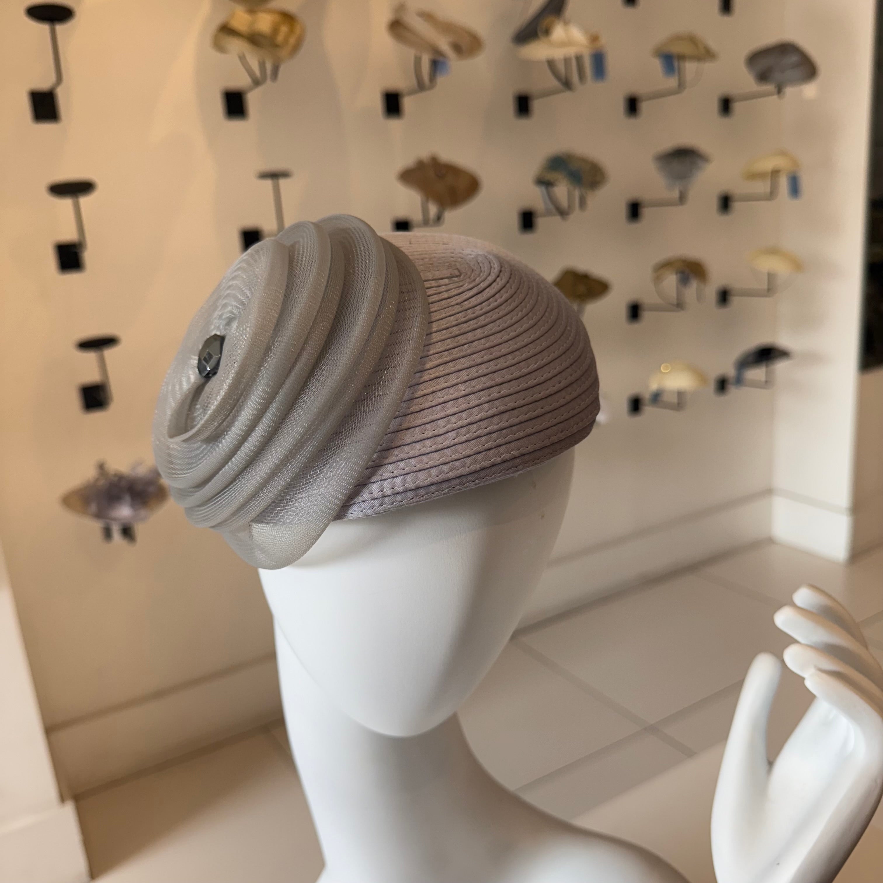 Grey Satin Fascinator with Horsehair Swirl