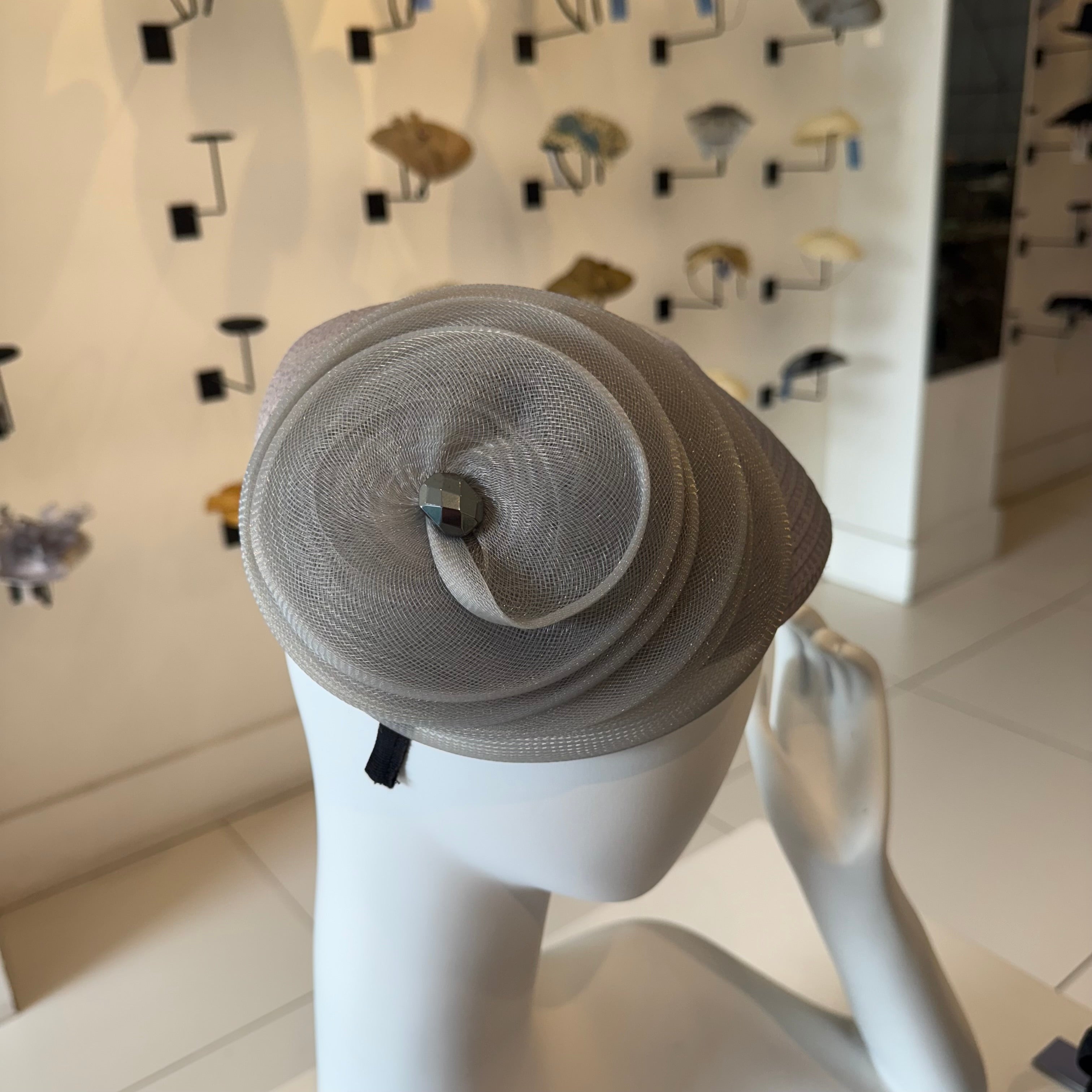 Grey Satin Fascinator with Horsehair Swirl