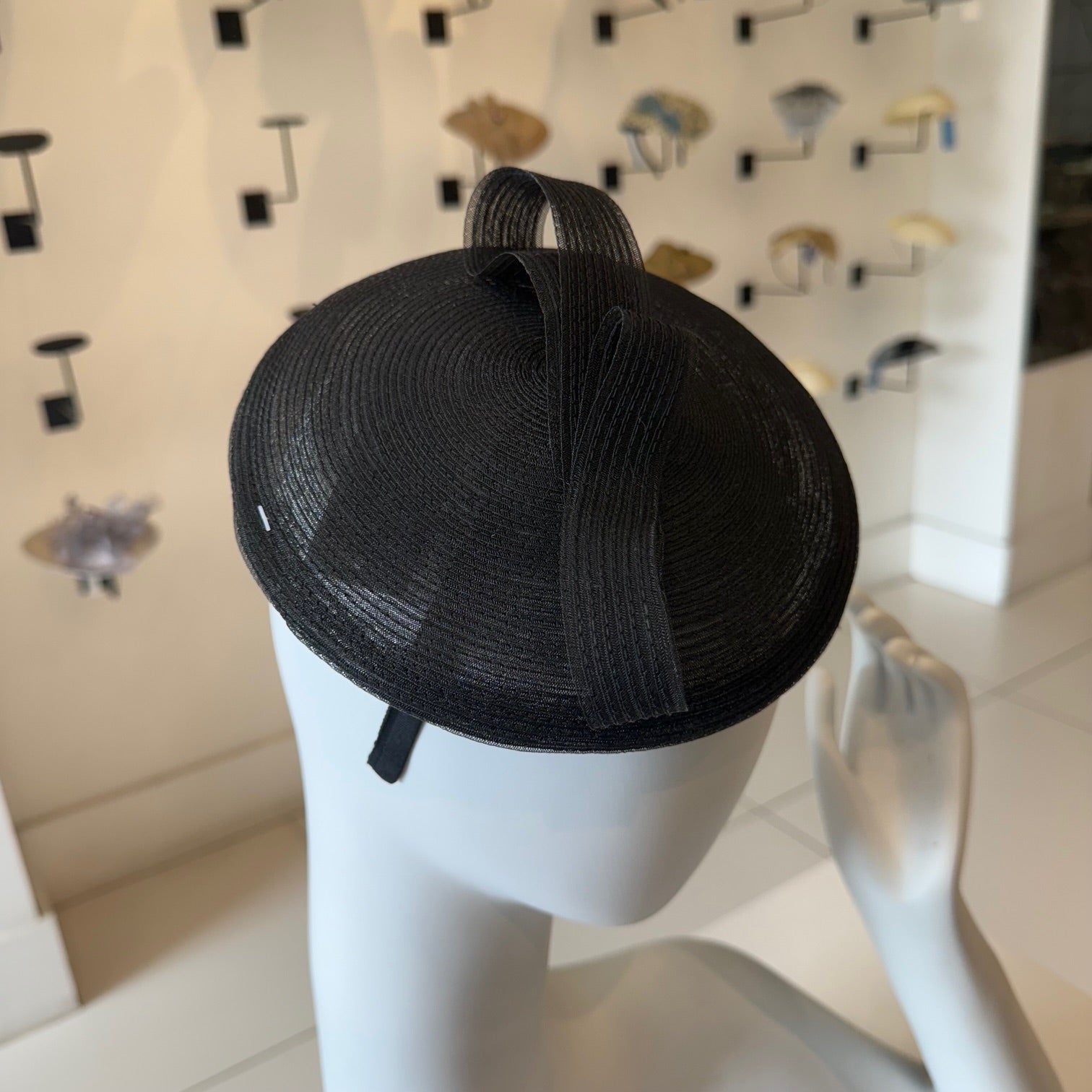 Black Horsehair Disc Fascinator with Bow Trim