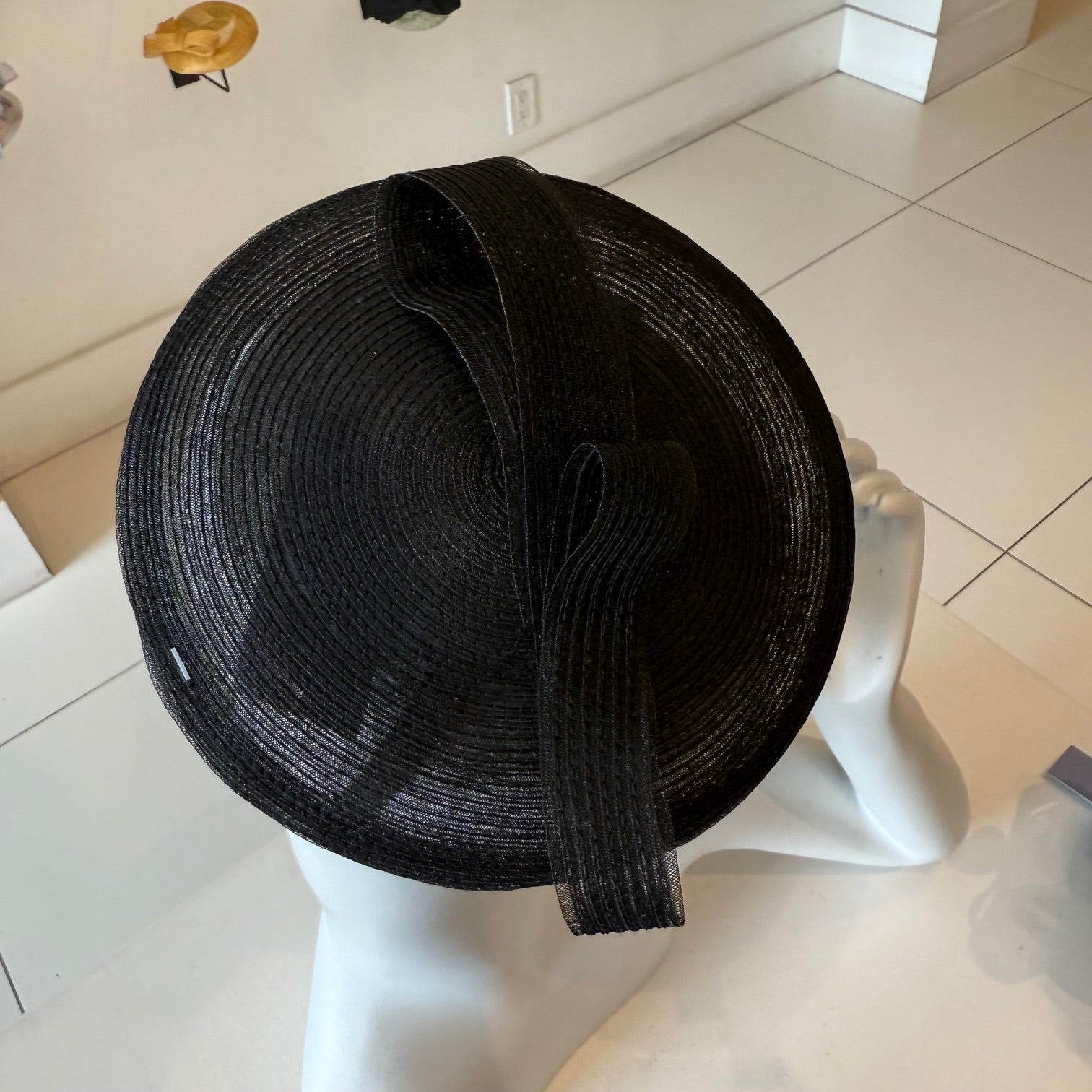 Black Horsehair Disc Fascinator with Bow Trim
