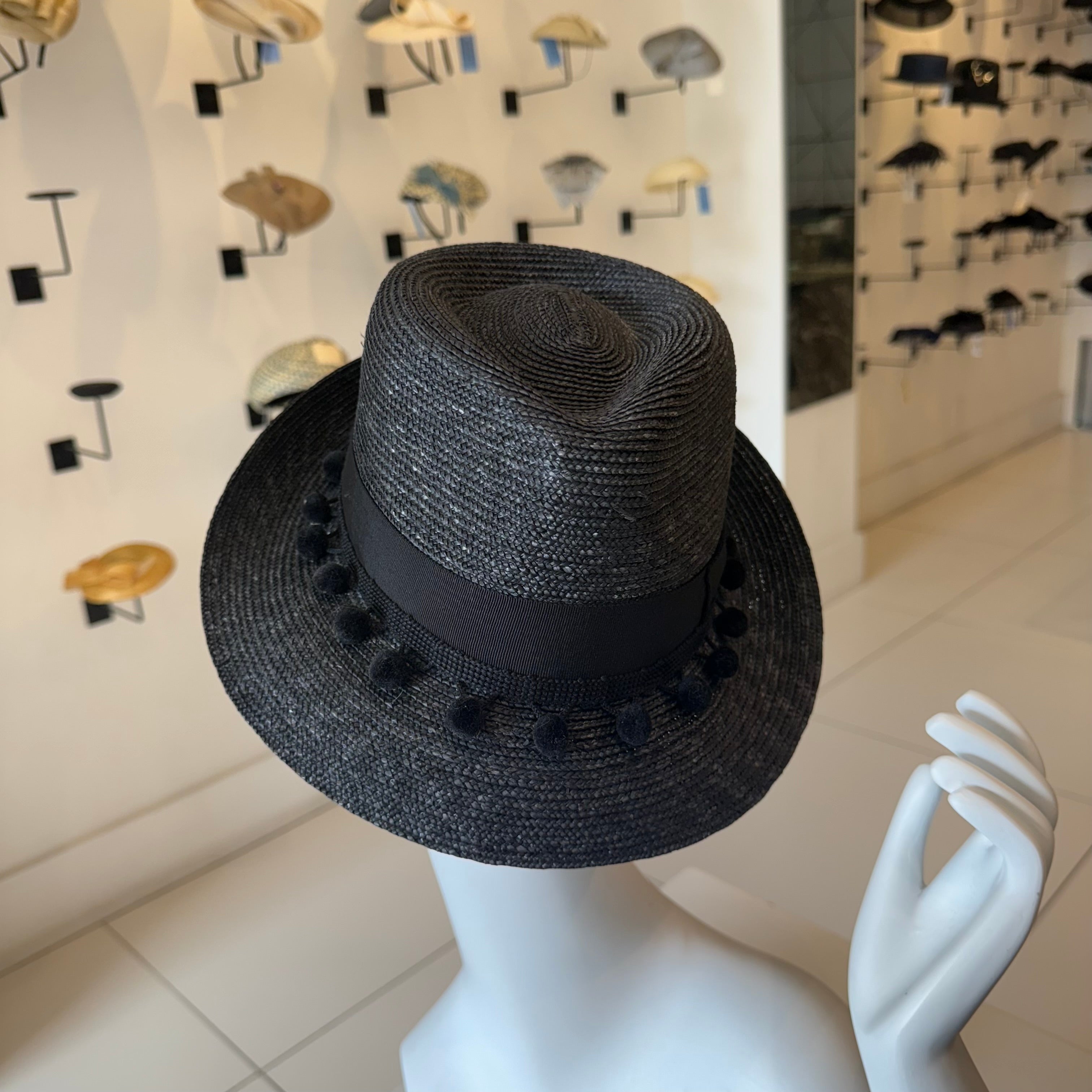 Black Milan Straw Fedora with Grosgrain & Tassel Trim