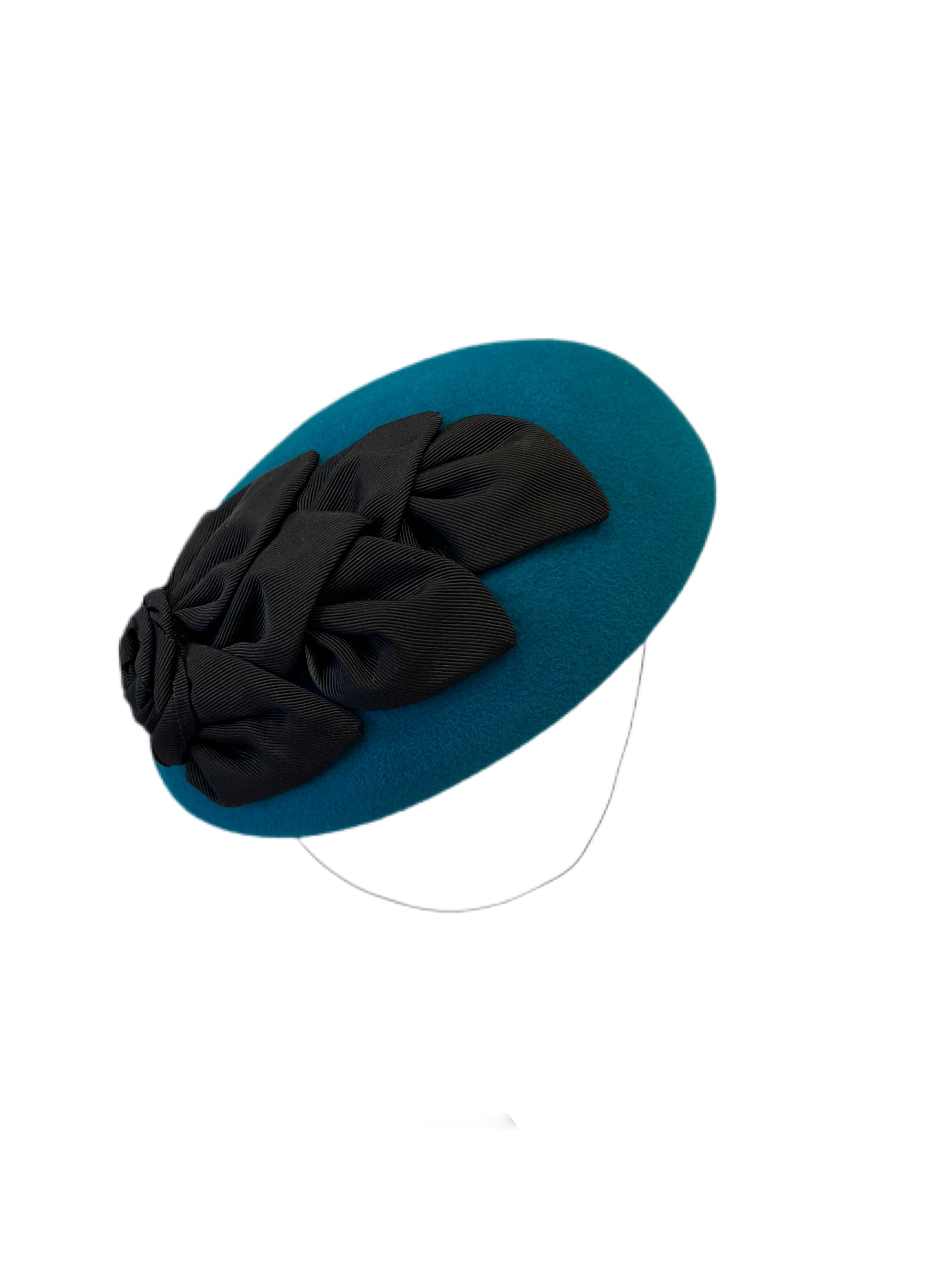 Teal Beret w/ Black Grosgrain Flora