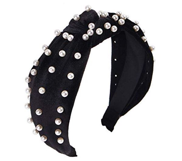 Black Velvet Headband with Faux Pearls