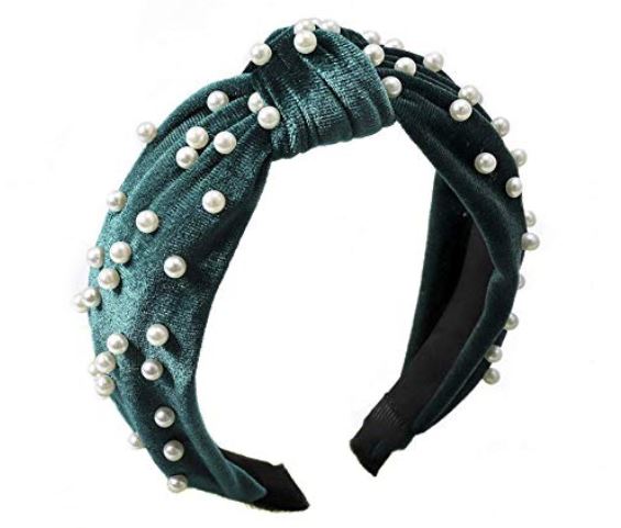 Green Velvet Headband with Faux Pearls