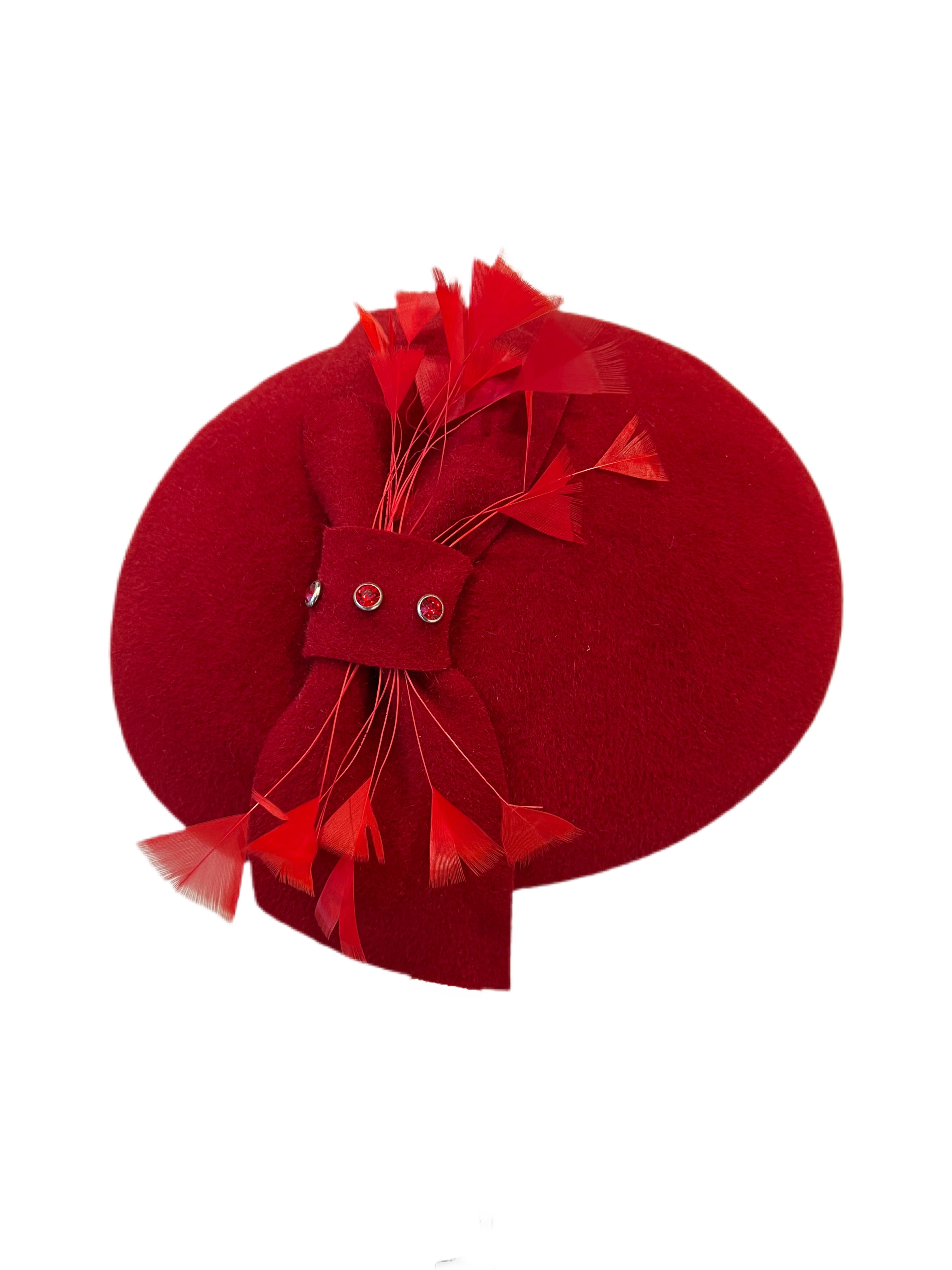 Red Velour Med/Lg Fascinator w/ Feather Trim